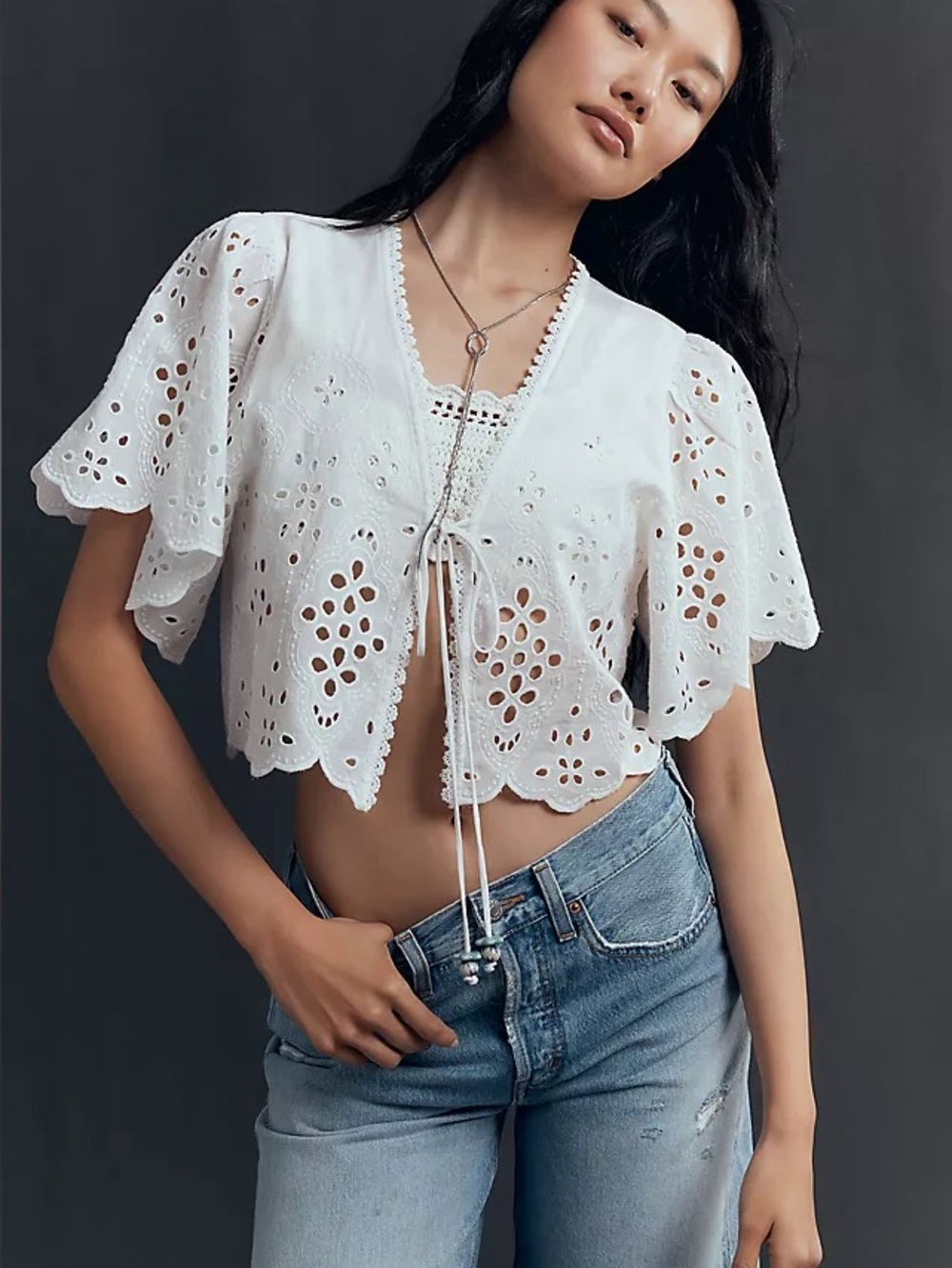 Maeve White Eyelet Tie-Front Crop Top